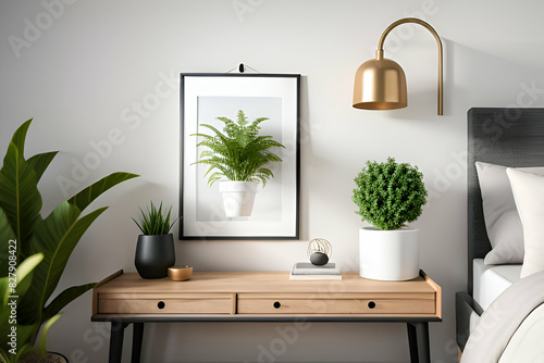 Home interior poster mock up with vertical metal frame, plants in pots and lamp on white wall background. 3D rendering.