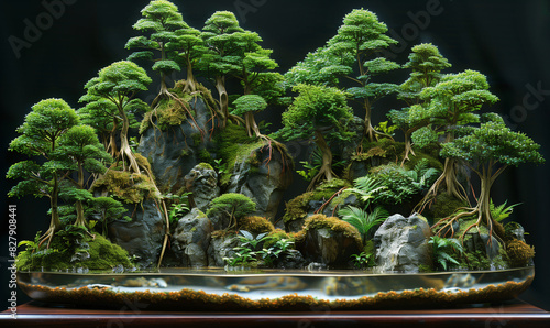 Aquarium with fish, plants in a box, surrounded by nature's beauty: trees, forests, water, moss, lakes, and rivers photo