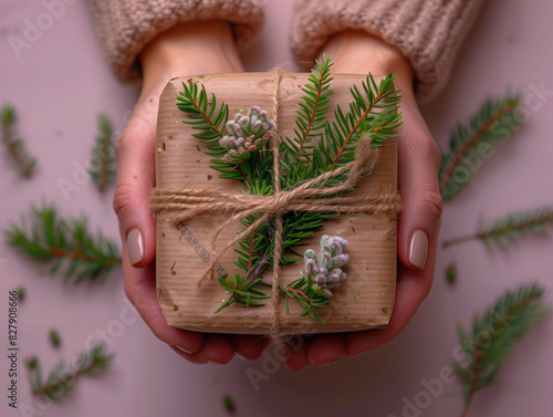 Close-up of fresh herbs and spices, including a bunch of rosemary, held by a woman in a summer garden photo