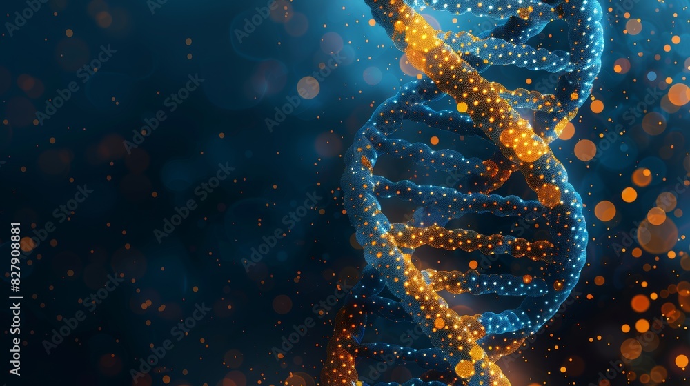 Abstract DNA strands in Prussian blue, orange, and mustard colors on a minimalist background with negative space and rule of thirds composition. Abstract DNA strands in Prussian blue, orange, and mustard colors on a minimalist background with negative space and rule of thirds composition.