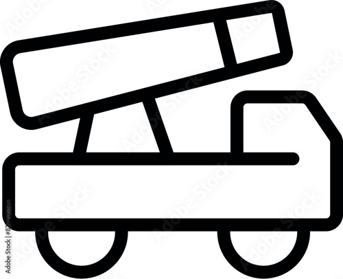 Vector illustration of a black and white mobile rocket launcher icon isolated on white background, representing military technology, equipment, and weaponry used for defense and strategic warfare