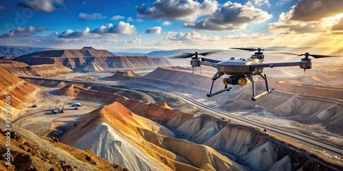 A realistic drone flying above a mining site capturing data and assisting in operations