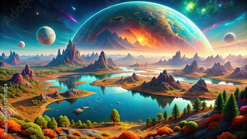 Hyperrealistic alien planet Hyperborea with vibrant colors and unique landscapes photo