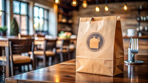Brown paper bag with restaurant logo, filled with food order, sitting on table