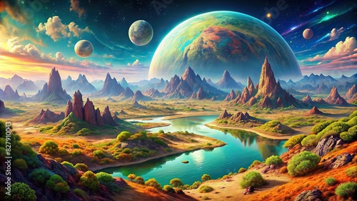Hyperrealistic alien planet Hyperborea with vibrant colors and unique landscapes photo