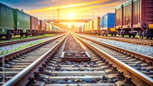 Close-up view of railroad tracks with freight trains in soft focus background photo