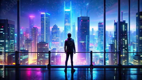 Silhouette standing on edge of skyscraper overlooking bright neon city at night