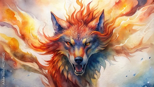 Epic fenrir with fiery fur in a generative watercolor painting