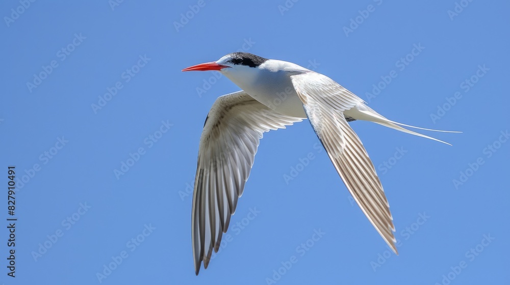 Fototapeta premium Whiskered Tern flying against a backdrop of clear blue skies