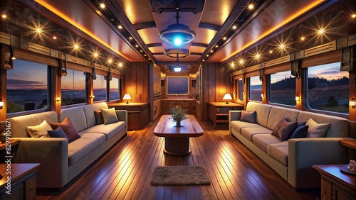 Luxury RV interior with wooden accents and glowing lights photo