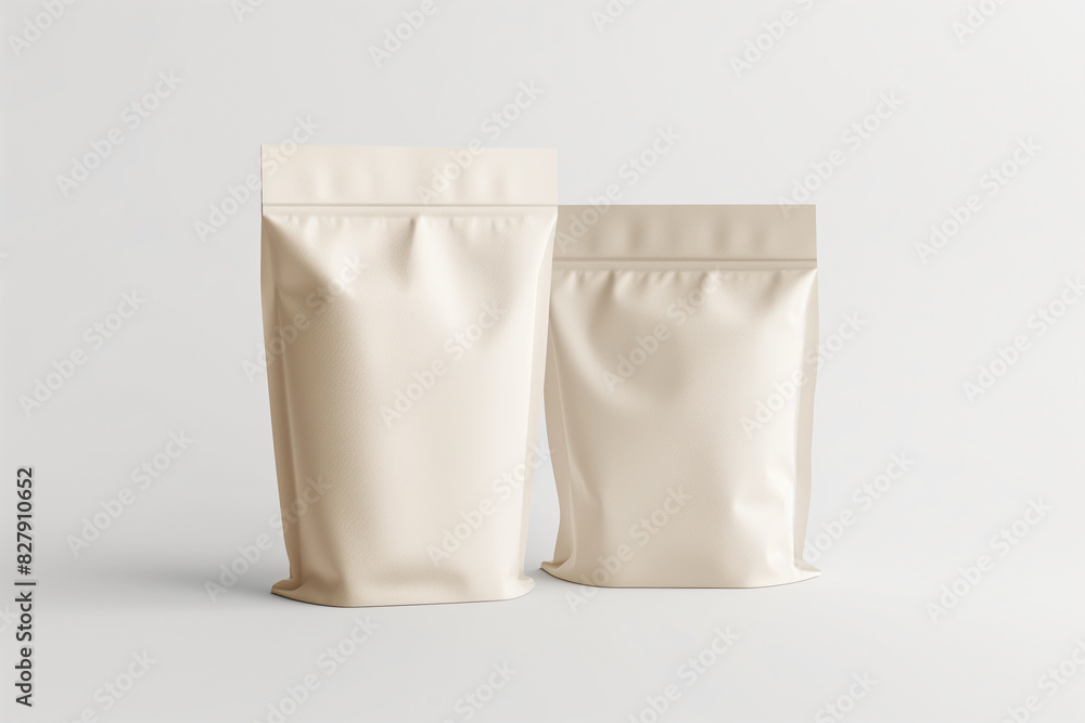 white paper bag isolated, Present your packaging designs with sophistication using a mockup of two product paper bags with ziplock closures, elegantly isolated against a pristine white background
