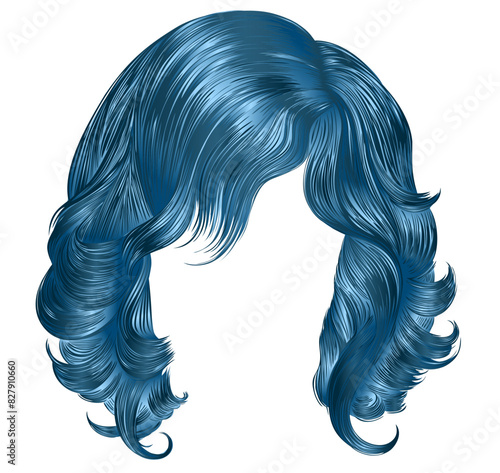 long curly hairs  blue  colors  .  beauty fashion style . wig .