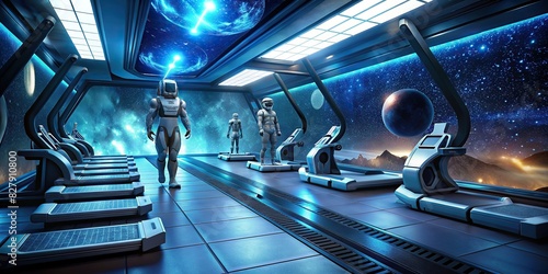 A futuristic gym for a space tourism company, featuring zero-gravity simulators and astronaut training equipment photo