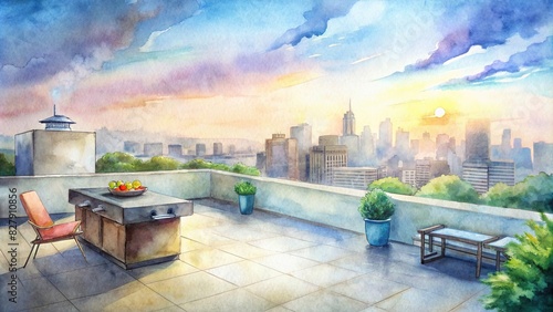 Panoramic skyline view from modern city rooftop terrace with barbecue grill