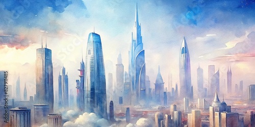 Closeup view of futuristic city skyscrapers with glossy surfaces and clear skies, captured from a drone in a high saturation watercolor style photo