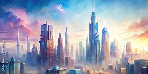 Closeup view of futuristic city skyscrapers with glossy surfaces and clear skies, captured from a drone in a high saturation watercolor style photo