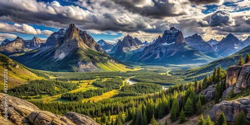 Rocky mountain landscape with scenic view, peaks, and valleys