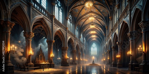 Dark gothic empty hall with stunning Renaissance architecture  lit by dim gothic light and filled with subtle smoke