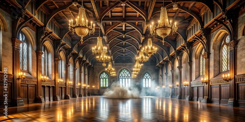 Renaissance empty hall with gothic lighting and smoke