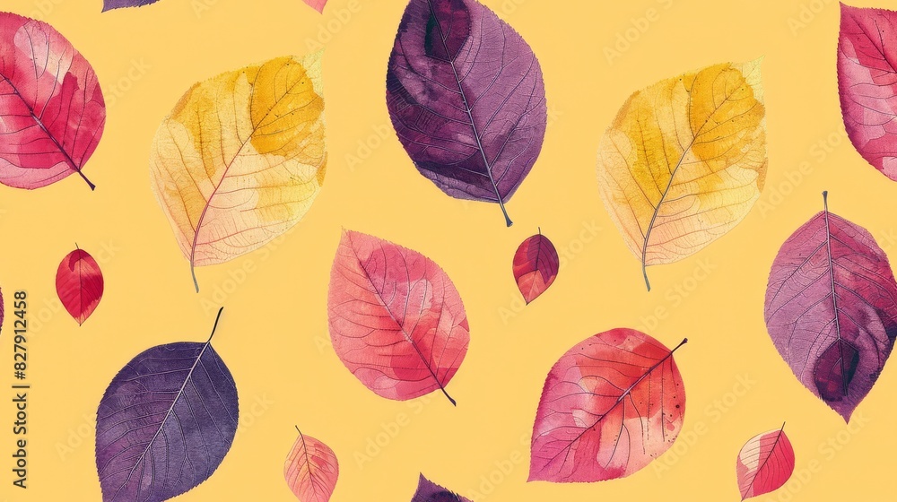 Obraz premium Minimal composition with small leaf in varying colors of sunshine yellow, tan, deep pink, and eggplant against negative space.