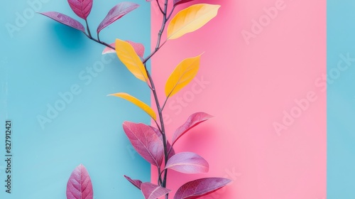 Minimalist composition of small leaf in vibrant Sky blue, rose, fuchsia, and yellow against negative space.