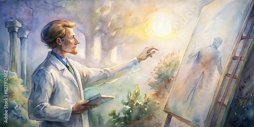 Scientist unveiling a sophisticated algorithm in soft morning light, watercolor photo