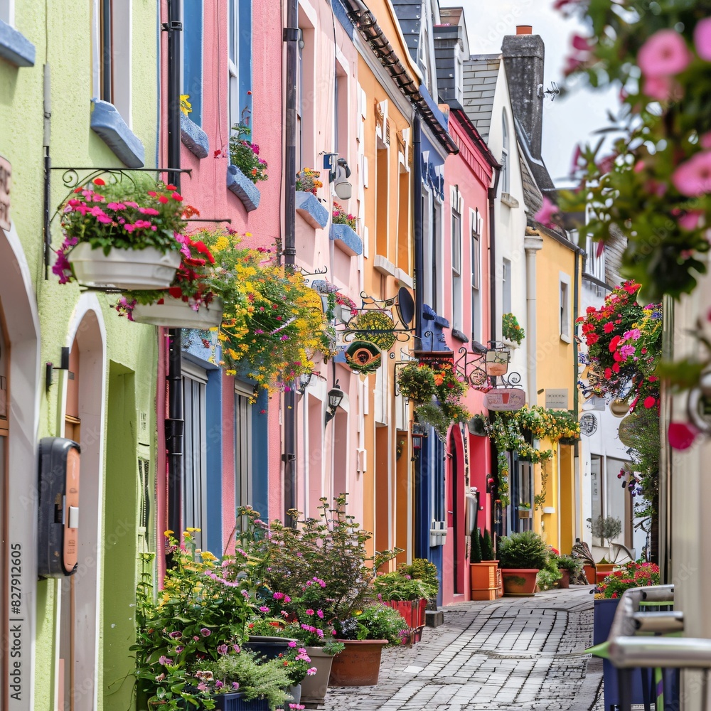 Naklejka premium Close up view of a pedestrian street with colorful houses decorated with beautiful flowers. Street photography concept