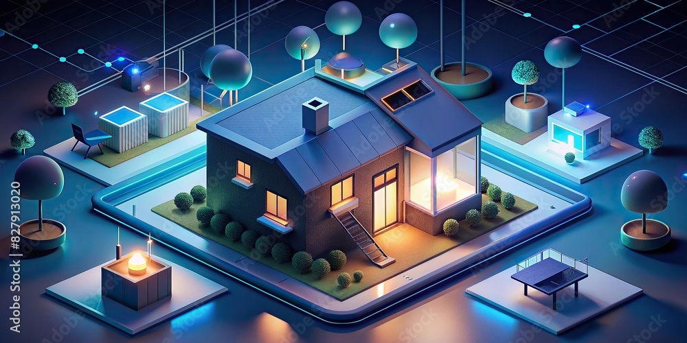Smart home with interconnected devices such as assistant, thermostat, and lights, creating a futuristic glow