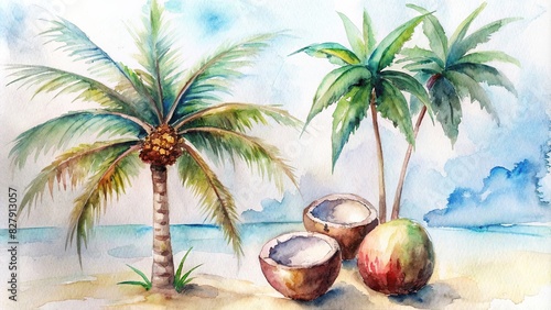 Watercolor hand drawn paintings of coconut and palm tree s on white background