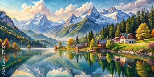 A realistic watercolor of the Alps and a serene lake photo
