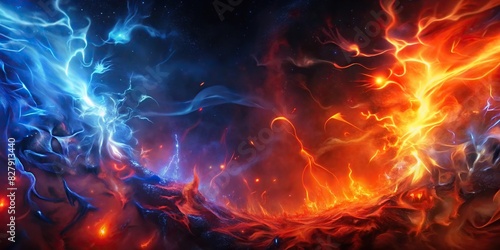 Background of fiery battle between red and blue flames photo