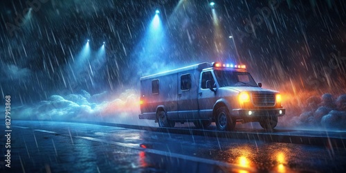 Ambulance driving through stormy rain with motion blur and glowing lights