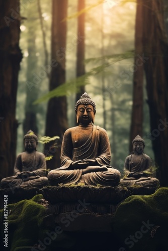 Buddha statue in green forest Generative AI © Valentine