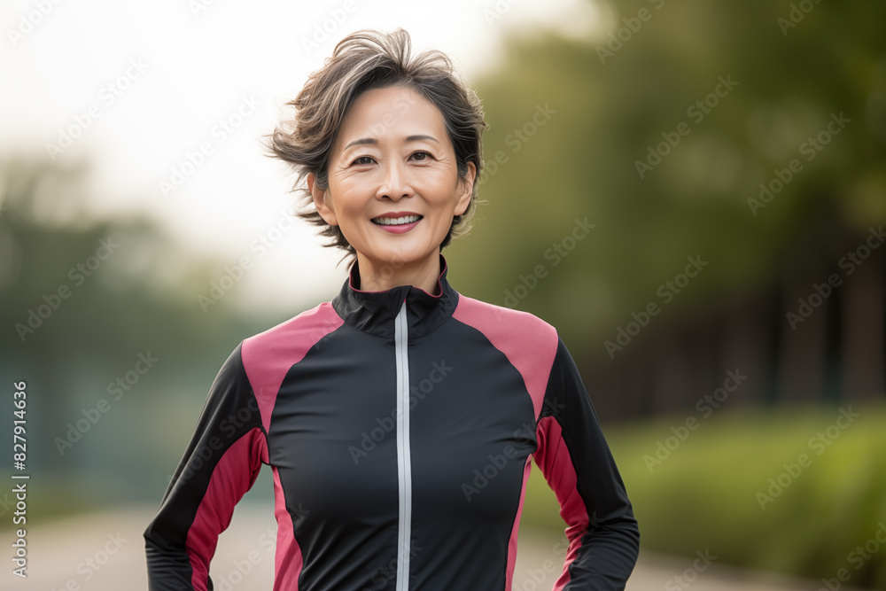 Middle aged Chinese woman at outdoors running fast Middle aged Chinese woman at outdoors running fast