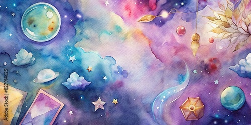 Astrology themed background with a natal chart, tarot cards, and magic crystals photo