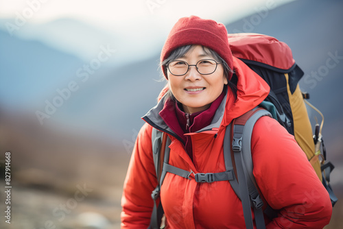 Middle aged Chinese woman at outdoors with mountaineer backpack