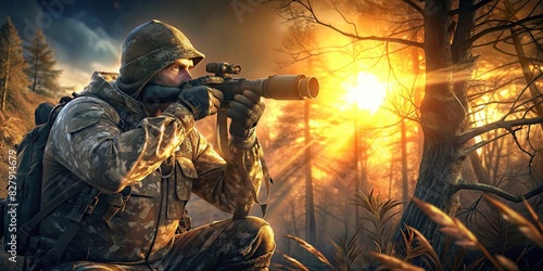 Man in full camouflage using binoculars while bowhunting in the glow of the sun photo