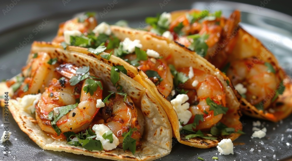 Three Tacos With Shrimp and Cheese on a Plate