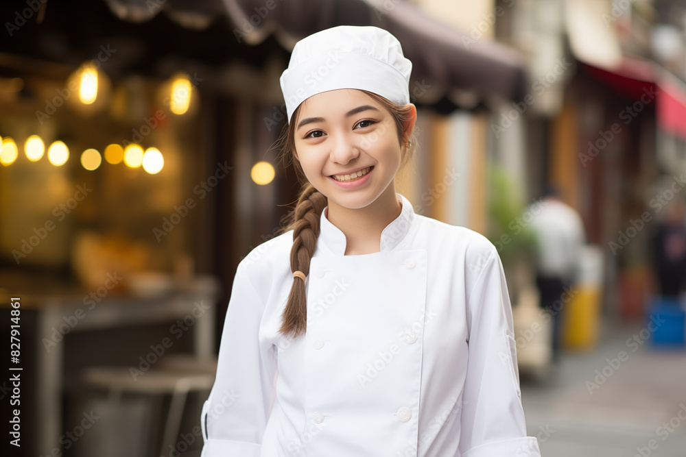 Teen pretty Japanese girl at outdoors in chef uniform Teen pretty Japanese girl at outdoors in chef uniform