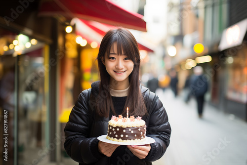 Teen pretty Japanese girl at outdoors holding birthday cake