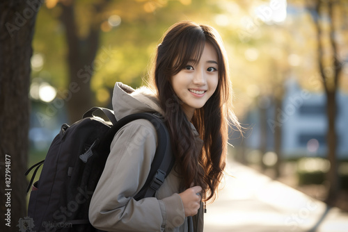 Teen pretty Japanese girl at outdoors with a student backpack © luismolinero