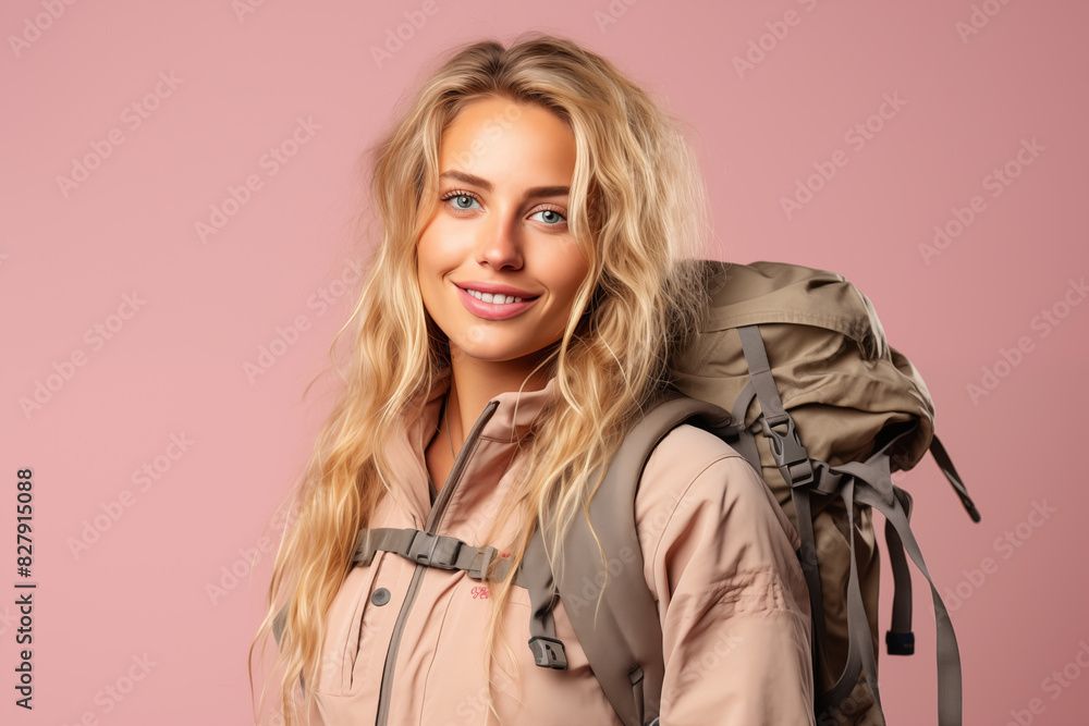 Young pretty blonde girl over isolated colorful background with mountaineer backpack Young pretty blonde girl over isolated colorful background with mountaineer backpack
