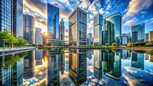 Reflective skyscraper business office buildings in a modern urban landscape photo