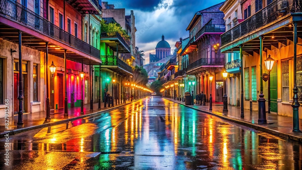 Rain-soaked Bourbon Street in New Orleans after a heavy spring downpour, Colored lights reflecting off the famous street