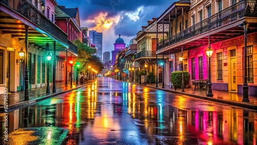 Rain-soaked Bourbon Street in New Orleans after a heavy spring downpour, Colored lights reflecting off the famous street photo