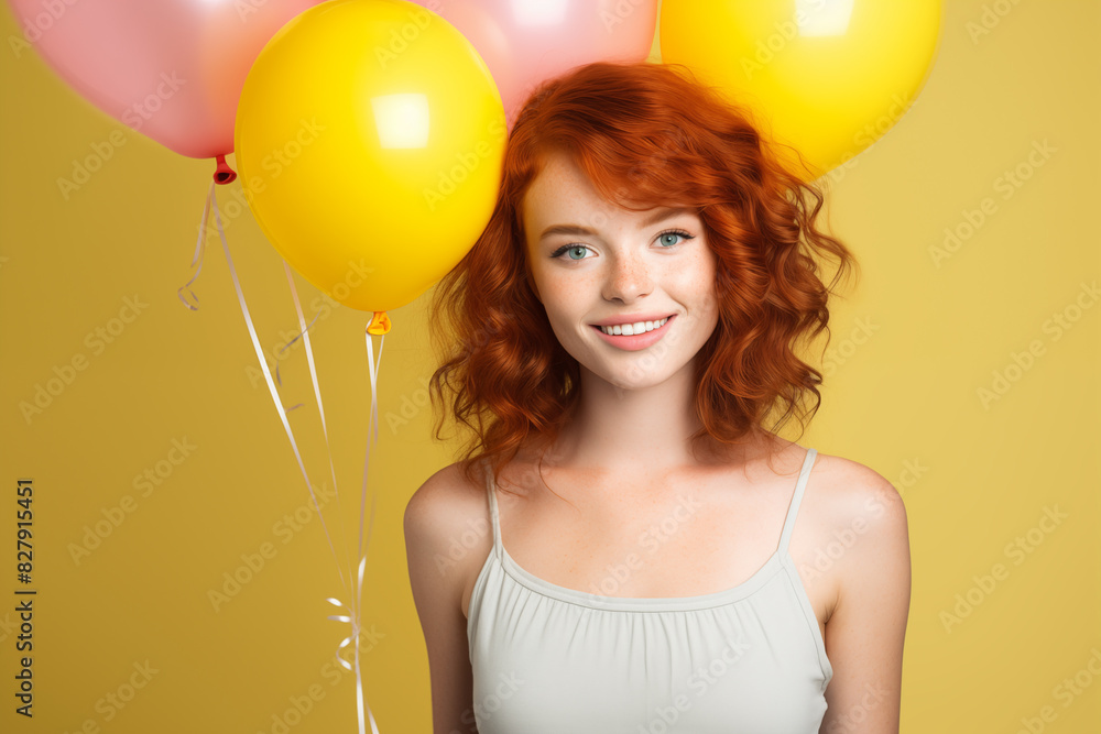Young pretty Redhead girl over colorful background with balloons