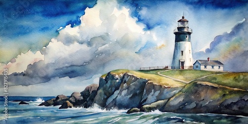 Watercolor painting of Black Head Lighthouse on the Burren Coast of County Clare, Ireland photo