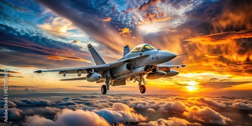 F18 Super Hornet flying at sunset with stunning sky colors