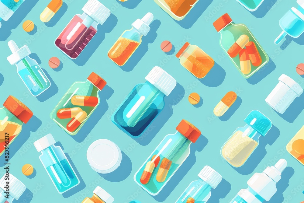 Top view flat design of an array of liquid medications and droppers, pharmaceutical theme, cartoon drawing, vivid colors close up, medical care, vibrant, Overlay, laboratory bench backdrop Top view flat design of an array of liquid medications and droppers, pharmaceutical theme, cartoon drawing, vivid colors close up, medical care, vibrant, Overlay, laboratory bench backdrop