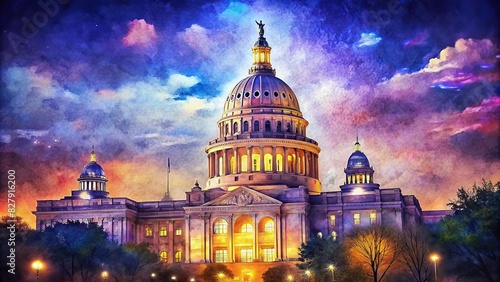 Watercolor sketch of Texas state capitol building in Austin, USA with a generative glow effect photo